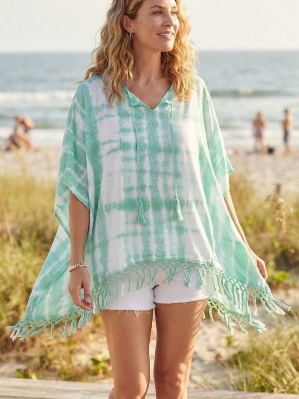 Chaps Mint Green Tie-Dye Fringed Tassel Poncho Top Cotton Blend Beach Layering